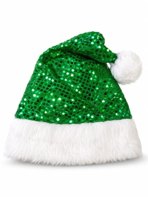 Sequin Santa hats available in green with white faux fur trim and pom pom