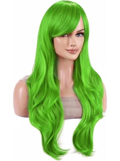 Bright green anime wig long wavy with fringe