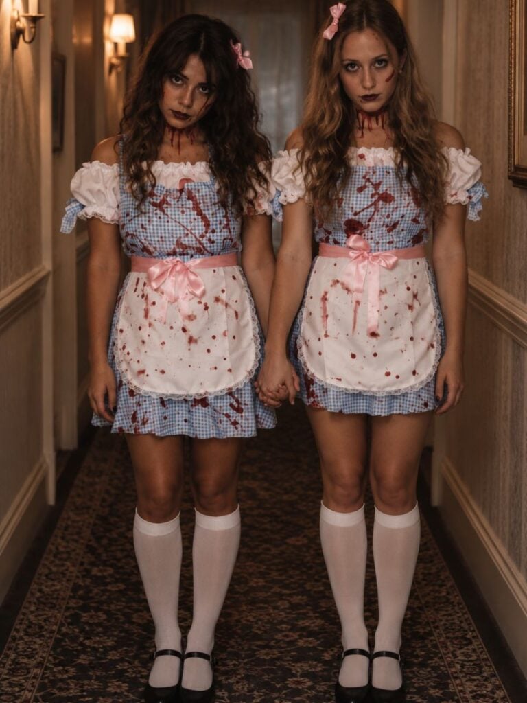 Two women wearing matching creepy twin Halloween costumes