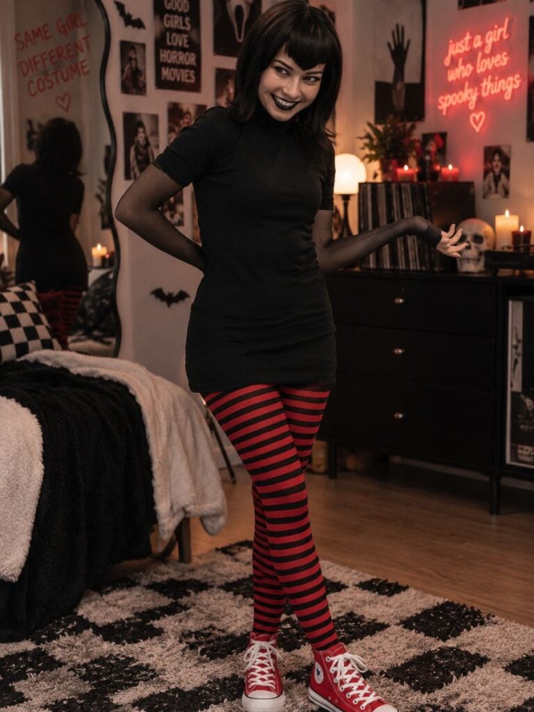 Mavis Dracula-inspired black dress and striped tights costume