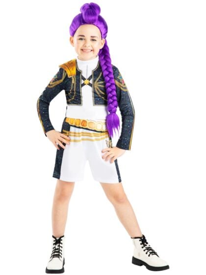 official Golden Rumi costume from KPop Demon Hunters with purple braid and black and white performance outfit.