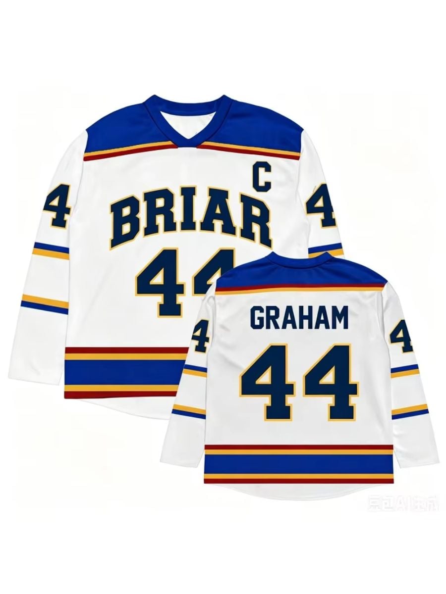White Garrett Graham Briar #44 ice hockey costume jersey shown front and back