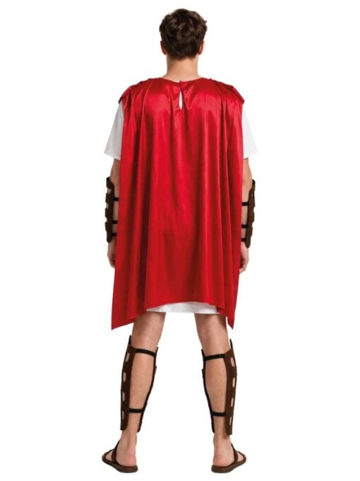 Adult gladiator costume with red cape and Roman armour back view