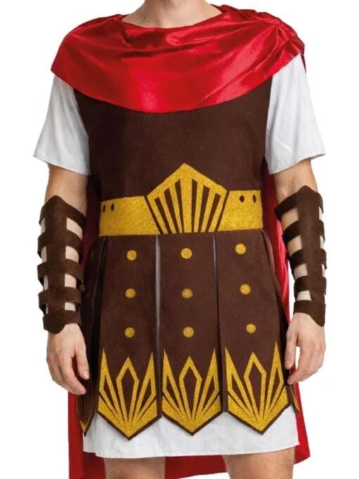 Adult gladiator costume with red cape and Roman armour close up details