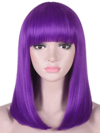 Shoulder length Purple bob wig with straight fringe on mannequin head
