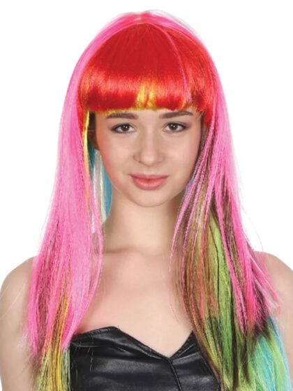 Long multi-coloured rainbow wig with fringe