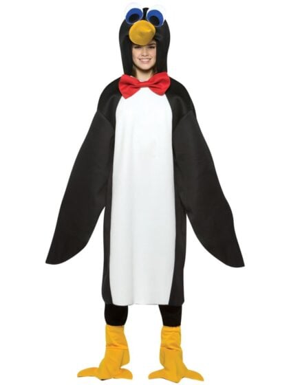 Teen penguin costume featuring a black and white tunic with hood, wings, red bow tie and yellow feet