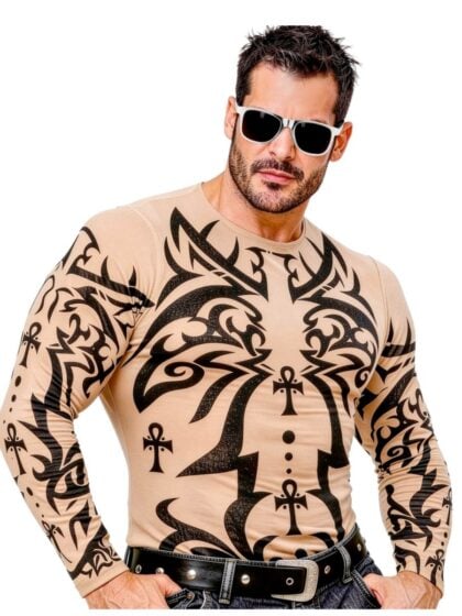 Tribal Tattoo Shirt Costume featuring realistic black tattoo print on a beige long sleeve stretch top