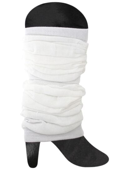 White 80s leg warmers in slouchy acrylic knit design for retro dance and aerobics costumes