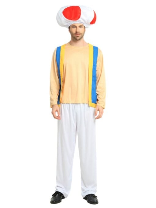 Adult Toad Costume featuring white mushroom hat with red spots, blue vest and white trousers