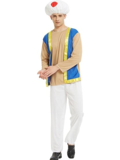 Adult Toad Costume featuring white mushroom hat with red spots, blue vest and white trousers