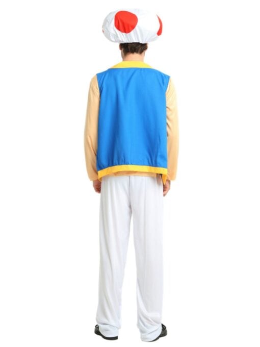 Adult Toad Costume featuring white mushroom hat with red spots, blue vest and white trousers