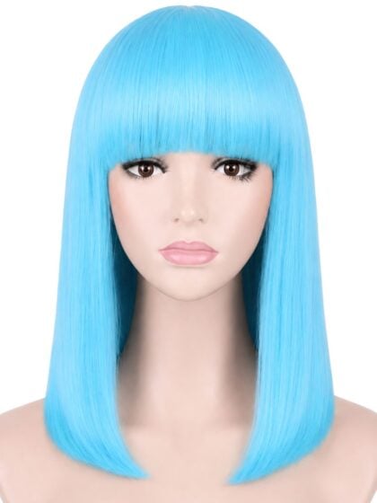 Aqua blue shoulder length bob wig with straight fringe on mannequin head