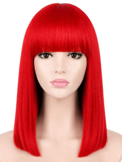 Deep red shoulder length bob wig with straight fringe