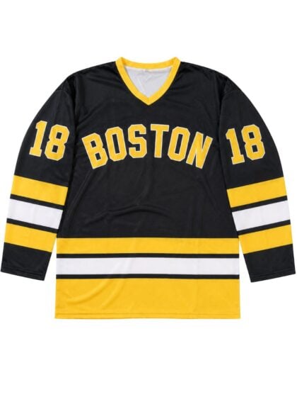 Happy Gilmore Costume inspired black and yellow hockey jersey featuring number 18 and Boston text