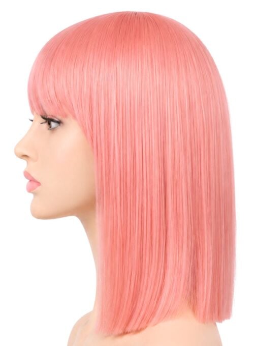 Light pink shoulder length bob wig with straight fringe side view