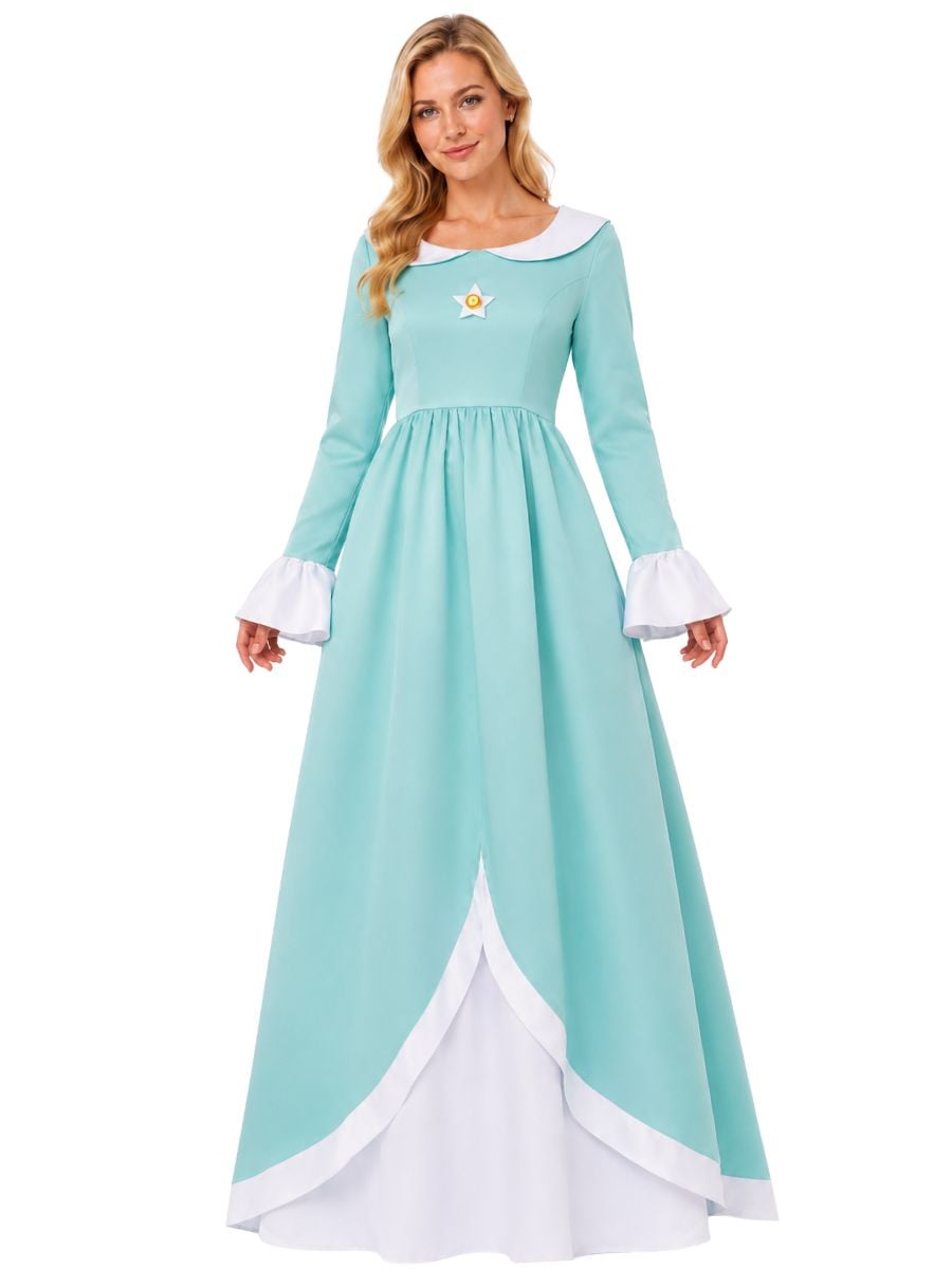 Rosalina costume featuring a light blue floor-length gown with white trim