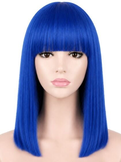 Royal blue shoulder length bob wig with straight fringe on mannequin head