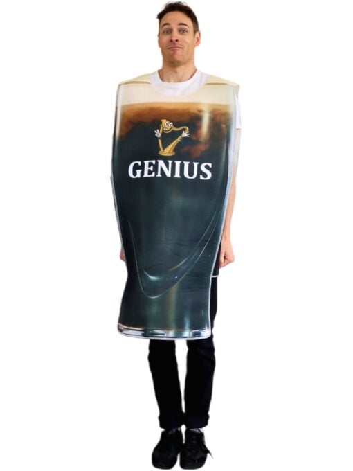 novelty beer pint costume shaped like a full glass of dark beer.