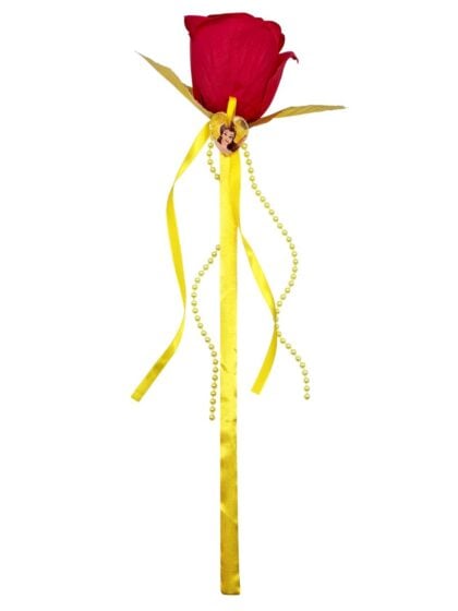 Beauty and the Beast Belle rose wand featuring a red rose with yellow ribbons and decorative charm.