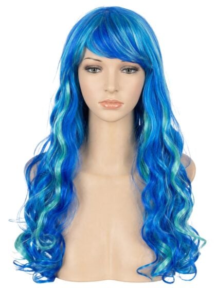 Long blue mermaid wig with wavy ocean blue hair and aqua highlights