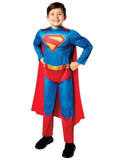 official Boys Superman Costume with blue jumpsuit, red cape and printed muscle chest.