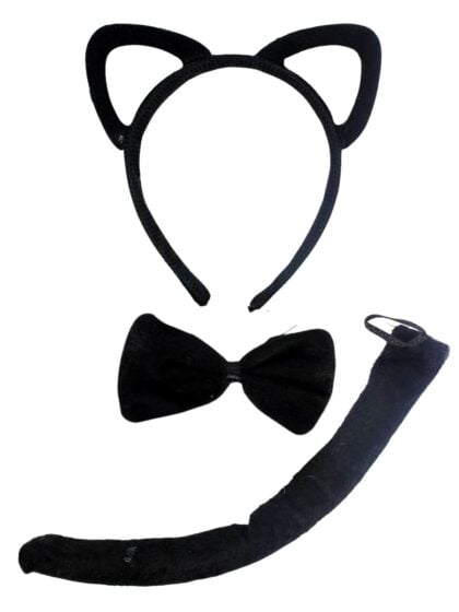 Black 3 piece kitty cat costume set with cat ears headband, bow tie and tail for Halloween and dress-up.