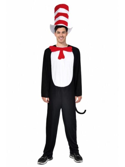 Adult Cat in the Hat costume with a black jumpsuit, white chest, red bow tie, striped top hat and attached tail.