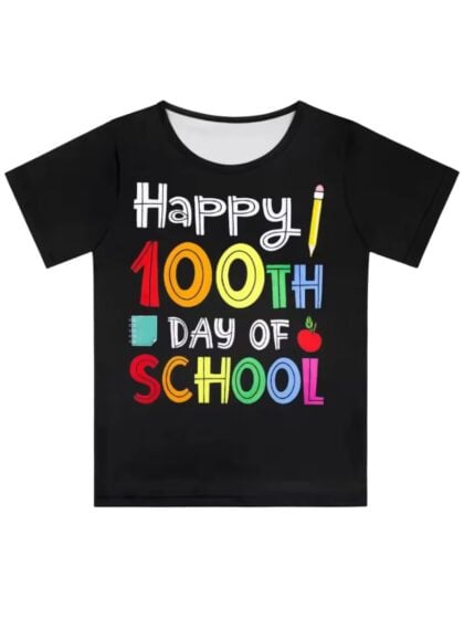 Kids black Happy 100 days of school shirt with colourful school-themed print.