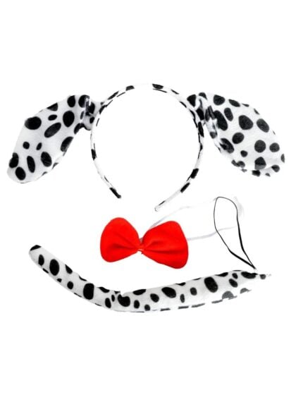 Dalmatian costume set with spotted dog ears headband, matching tail and red bow tie for animal costumes and fancy dress.