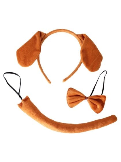 Brown dog costume set with floppy dog ears headband, matching tail and brown bow tie for animal dress-up and fancy dress costumes.