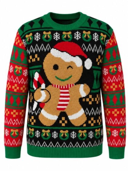 Green and red knitted Gingerbread Christmas jumper featuring a smiling gingerbread man wearing a Santa hat.