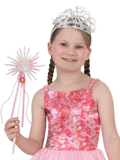 Pink Glinda wand and tiara costume accessory set.