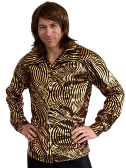 Mens Gold Disco shirt with long sleeves for 70s themed parties and retro costumes.