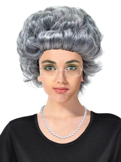 Grandma wig accessory set with grey curly wig, glasses and pearl necklace.