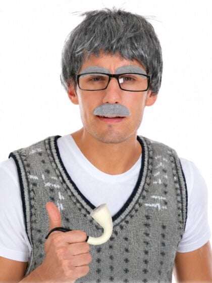 Grandpa accessory set with grey wig, eyebrows, moustache, glasses and novelty pipe.
