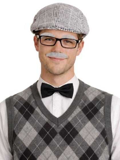 Grandpa instant costume kit with light grey flat cap, glasses, grey eyebrows, moustache and black bow tie.