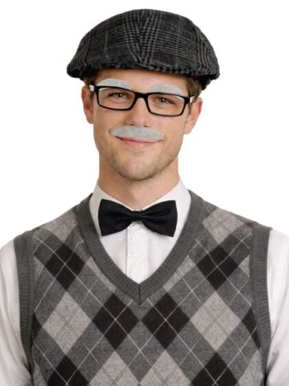 Grandpa instant costume kit with dark grey flat cap, glasses, grey eyebrows, moustache and black bow tie.