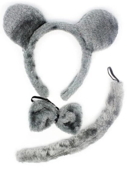 Grey mouse costume set with plush mouse ears headband, bow tie and tail for Book Week, Halloween and dress-up.