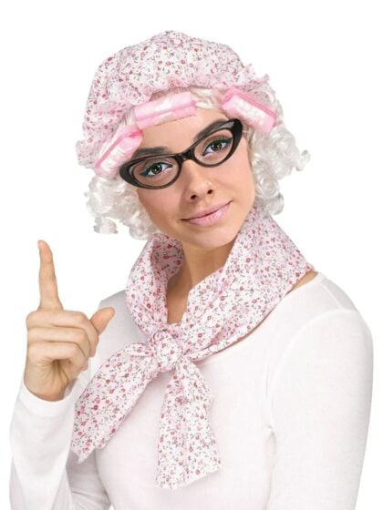 Instant grandma kit with floral bonner, matching scarf, pink hair curlers and black cat-eye glasses.