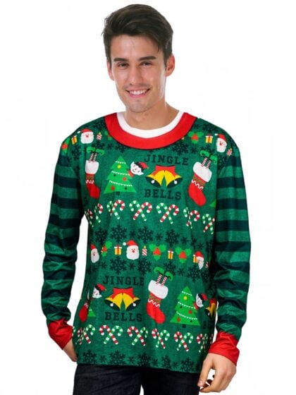 Green Jingle Bells ugly Christmas jumper with festive holiday print