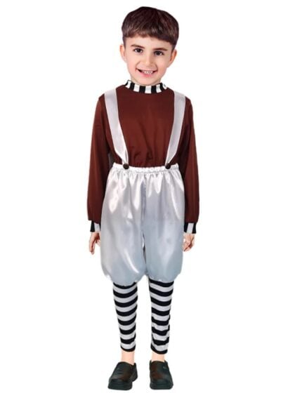 chocolate factory helper costume with striped leggings, white trousers with suspenders and a brown long sleeve top.