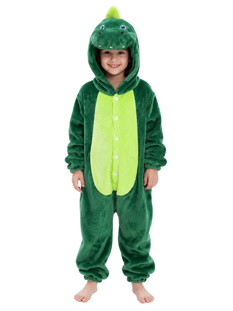 Child wearing a green Kids Crocodile Costume onesie with hood and soft plush fabric