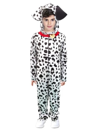 black and white Kids Dalmatian costume with hood featuring floppy dog ears and a red collar.