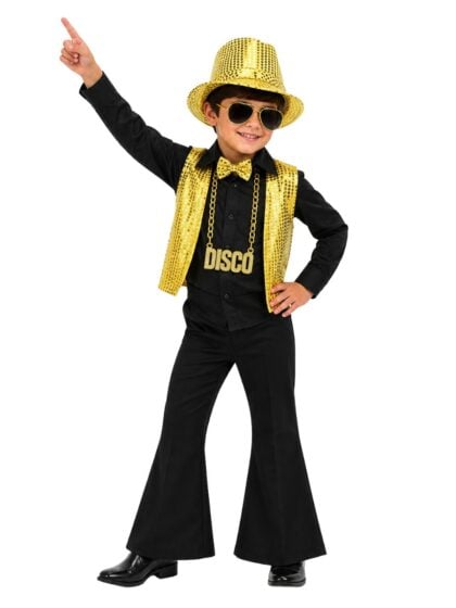 kids disco costume with a gold sequin vest, matching hat, bow tie, disco necklace, black shirt and flared pants.