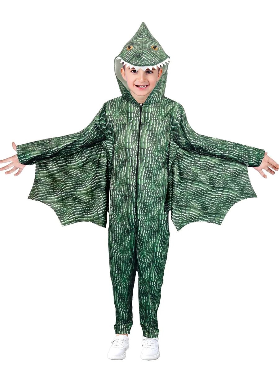 Kids Dragon Costume with hood, dragon face, wings and all-over scale print.