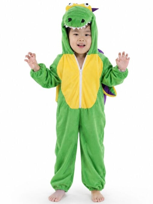 Child wearing a green kids dragon costume with hood, wings, spikes and tail