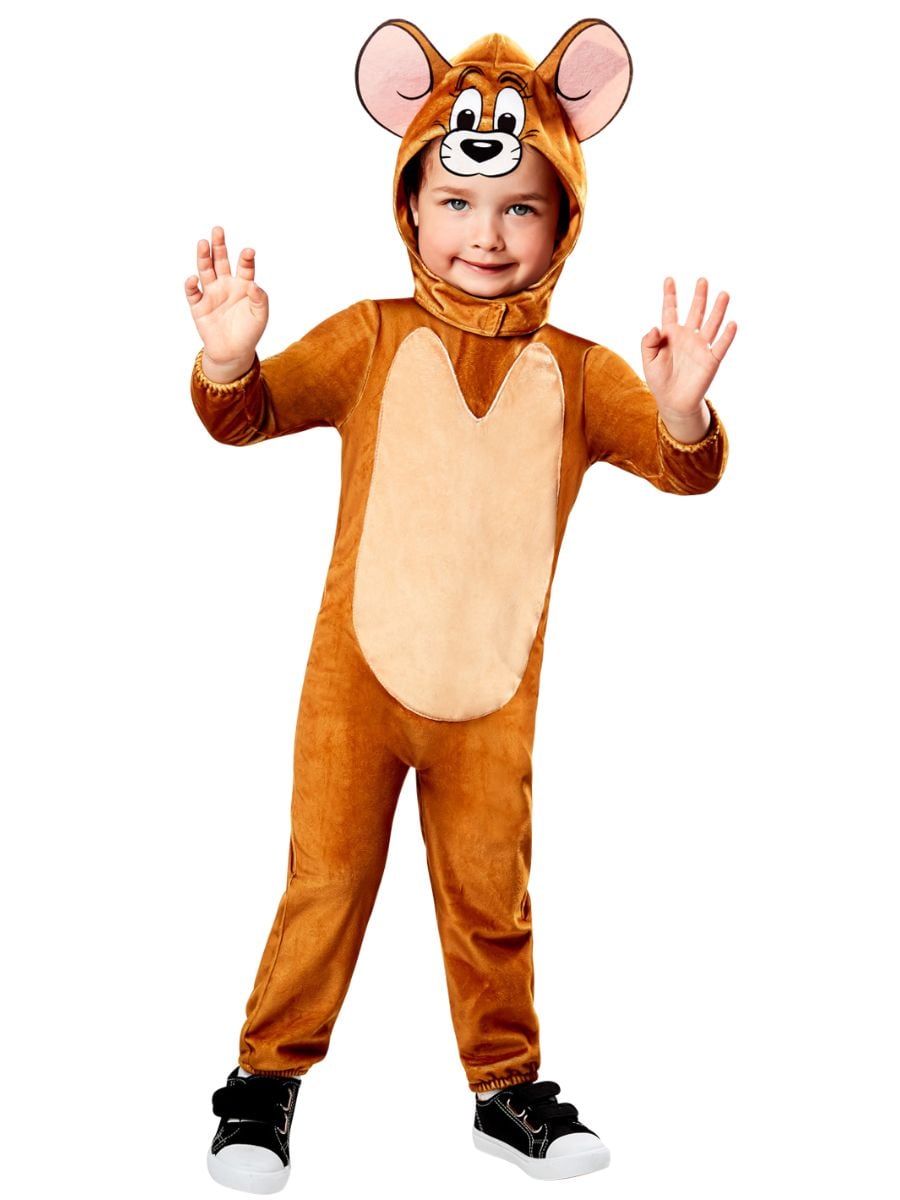 official Tom and Jerry Kids Jerry costume with brown jumpsuit and mouse face hood
