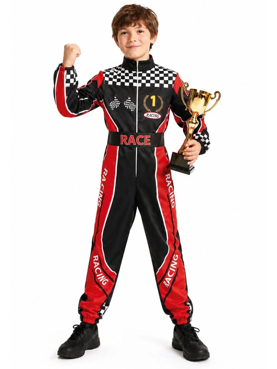 black and red kids race car driver costume with checkered racing details and zip front jumpsuit.