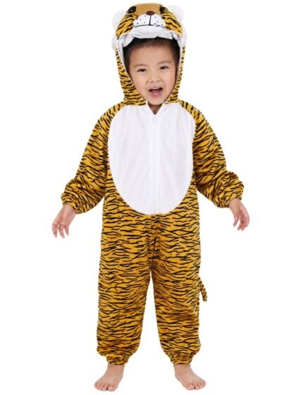 Kids tiger costume with orange plush hooded onesie and tiger face